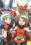  1boy 1girl :d absurdres bare_arms beanie bike_shorts blaziken blush brendan_(pokemon) brown_hair clenched_hands commentary_request eyelashes fanny_pack fingerless_gloves gen_3_pokemon gloves green_bag grey_eyes hands_up hat highres hunnyamai light may_(pokemon) open_mouth orange_gloves parted_lips pokemon pokemon_(creature) pokemon_(game) pokemon_emerald pokemon_rse popped_collar short_sleeves signature smile stadium swampert teeth tongue 