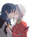  2girls bangs blue_eyes blue_hair blush buttons byleth_(fire_emblem) byleth_(fire_emblem)_(female) closed_eyes clothes_grab collar commentary_request dress edelgard_von_hresvelg eyebrows_visible_through_hair fire_emblem fire_emblem:_three_houses from_side hair_between_eyes kiss long_hair long_sleeves looking_at_another multiple_girls puffy_long_sleeves puffy_sleeves red_dress riromomo short_sleeves simple_background upper_body white_background white_hair yuri 