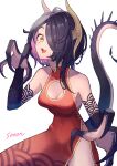  1girl :d absurdres bare_shoulders black_gloves breasts china_dress chinese_clothes claw_pose claws cleavage cleavage_cutout clothing_cutout covered_navel dragon_girl dragon_horns dragon_tail dress elbow_gloves fang gloves hair_over_one_eye highres horns looking_at_viewer medium_breasts multicolored_hair open_mouth original purple_hair red_dress short_hair side_slit smile solo sooon tail tattoo two-tone_hair yellow_eyes 