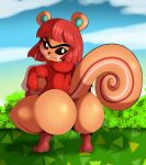  2021 animal_crossing anthro bottomless buckteeth butt clothed clothing crouching digital_media_(artwork) eyebrows female hair hazel_(animal_crossing) hi_res looking_at_viewer mammal nintendo outside rodent sciurid signature solo suirano teeth unibrow video_games 