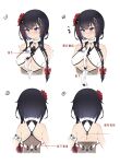  1girl :i ^^^ arrow_(symbol) bangs black_hair blue_eyes blush bow braid breasts closed_mouth cropped_torso eyebrows_visible_through_hair flower flying_sweatdrops grey_leotard hair_bow hair_flower hair_ornament hair_over_shoulder highres k.t.cube leotard long_hair medium_breasts multicolored_hair multiple_views nose_blush open_mouth original pout red_bow red_flower red_hair simple_background single_braid streaked_hair trembling underboob upper_body wavy_mouth white_background wifi_symbol 