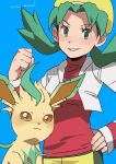  1girl absurdres bangs blue_background blush clenched_hand commentary_request cropped_jacket eyelashes fingernails gen_4_pokemon green_eyes green_hair hand_on_hip hand_up highres hunnyamai jacket kris_(pokemon) leafeon long_sleeves looking_at_viewer parted_bangs parted_lips pokemon pokemon_(creature) pokemon_(game) pokemon_gsc signature simple_background sketch smile twintails white_jacket 