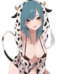  1girl animal_costume animal_ears animal_print bangs bikini black_bikini blue_hair breasts brown_eyes covered_nipples cow_costume cow_ears cow_girl cow_hood cow_horns cow_print cow_tail hood hoodie horns jewelry kujirano137 large_breasts long_hair looking_at_viewer necklace open_clothes open_hoodie open_mouth original simple_background solo swept_bangs swimsuit tail white_background 