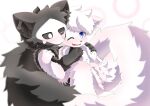  ambiguous_gender anthro black_body black_fur blue_eyes blush canid canine canis changed_(video_game) duo fur happy hi_res hug lin_(changed) male mammal mavel one_eye_closed open_mouth puro_(changed) simple_background white_background white_body white_fur wolf 