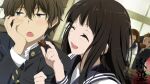  2boys 2girls black_hair brown_hair candy chitanda_eru chocolate chocolate_heart closed_eyes food fukube_satoshi gakuran gesugesu_ahoaho green_eyes heart highres hyouka ibara_mayaka kamiyama_high_school_uniform long_hair long_sleeves multiple_boys multiple_girls open_mouth oreki_houtarou purple_eyes school_uniform serafuku smile valentine 