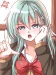  1girl absurdres aqua_eyes aqua_hair artist_logo blazer brown_jacket cardigan commentary_request hair_ornament hairclip highres jacket kantai_collection kentan_(kingtaiki) long_hair one-hour_drawing_challenge open_mouth remodel_(kantai_collection) school_uniform solo suzuya_(kancolle) upper_body 