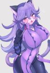  black_nose blush breasts cute_fangs felid feline female fur glistening glistening_hair grey_background hair hand_fan hi_res holding_object long_hair looking_at_viewer mammal op&eacute;ra_kranz open_mouth portrait purple_body purple_eyes purple_fur purple_hair sgsix simple_background solatorobo three-quarter_portrait translucent translucent_hair video_games zipper 