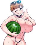  1girl breasts brown_eyes brown_hair curvy elf-san_wa_yaserarenai. eyewear_on_head food fruit highres ino_akiho jewelry large_breasts looking_at_viewer one_eye_closed short_hair simple_background slingshot_swimsuit smile sunglasses sweat sweatdrop swimsuit synecdoche thighs thumbs_up tongue watermelon white_background 