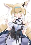  1girl :d absurdres alice_gear ammunition_pouch animal_ear_fluff animal_ears aqua_hairband arknights artist_request badge bangs blonde_hair blue_hairband blush cloak double_fox_shadow_puppet dress earpiece fox_ears fox_girl fox_shadow_puppet fox_tail frilled_dress frills green_eyes hair_between_eyes hair_rings hairband highres infection_monitor_(arknights) load_bearing_equipment looking_at_viewer multicolored_hair multiple_tails off_shoulder open_mouth pouch sidelocks single_wrist_cuff smile solo suzuran_(arknights) tactical_clothes tail white_background white_hair 