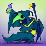  1:1 2016 abstract_background animal_mask anthro avian beak beak_mask beverage bottomwear claws cloak clothed clothing food footwear fruit green_background green_beak green_body green_skin headgear holding_object hood hoodie knight long_beak male mask pants pear plague_doctor plague_knight plant pose potion pouch_(anatomy) pouch_purse purple_background raised_arm rosemary-the-skunk shadow sharp_claws shoes shovel_knight simple_background solo soulless_eyes staff standing straw topwear video_games warrior wide_eyed yacht_club_games yellow_beak 