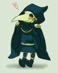  &lt;3 2015 animal_mask anthro avian beak beak_mask blush bottomwear cloak clothed clothing footwear gloves green_beak green_body green_skin grey_background hand_on_face hand_on_head handwear happy headgear hood hoodie knight long_beak low_res male mask pants plague_doctor plague_knight retortpouch shoes shovel_knight simple_background smile solo soulless_eyes topwear video_games warrior yacht_club_games 