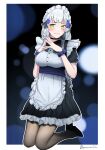  1girl alternate_costume alternate_hairstyle apron black_dress black_footwear black_legwear blush breasts darkpulsegg dress enmaided facial_mark frilled_apron frills girls_frontline green_eyes highres hk416_(girls_frontline) kneeling large_breasts long_hair looking_at_viewer maid maid_apron maid_headdress pantyhose puffy_short_sleeves puffy_sleeves short_sleeves silver_hair solo teardrop white_apron white_hair wrist_cuffs 