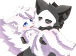  ambiguous_gender anthro black_body black_fur blue_eyes blush bridal_carry canid canine canis carrying changed_(video_game) duo fur holding_character lin_(changed) male mammal mavel open_mouth puro_(changed) simple_background white_background white_body white_fur wolf 