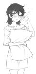  1girl bags_under_eyes black_hair blush bubble commentary duplicate freckles greyscale long_shirt mari_(twrlare) medium_hair messy_hair monochrome one_eye_closed original pillow pillow_hug shirt simple_background sleepy symbol_commentary thighs twrlare white_background white_eyes white_shirt 