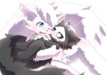  ambiguous_gender anthro black_body black_fur blue_eyes canid canine canis changed_(video_game) duo fur happy hi_res holding_character hug lin_(changed) looking_at_another male mammal mavel one_eye_closed open_mouth puro_(changed) simple_background size_difference smile white_background white_body white_fur wolf 