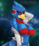  2019 5:6 anthro avian bandanna beak bedroom_eyes big_breasts bird blue_body blue_eyes blue_feathers blue_tail_feathers bra breasts cleavage clothed clothing coat crossgender curvy_figure digital_media_(artwork) eye_markings eyelashes falco_lombardi feathers female front_view hand_behind_head hi_res kerchief lingerie looking_at_viewer markings midriff mtf_crossgender multicolored_body multicolored_feathers narrowed_eyes navel nintendo non-mammal_breasts non-mammal_navel panties pinup portrait pose red_bandanna red_kerchief red_markings seductive signature skimpy smile smiling_at_viewer solo space spacescape star_fox tail_feathers text the_psi_fox thick_thighs three-quarter_portrait topwear underwear undressing url video_games wide_hips yellow_beak 