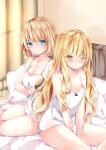  2girls alice_margatroid bangs bare_arms bare_shoulders between_legs blue_eyes blush breasts camisole cleavage closed_mouth curtains eyebrows_visible_through_hair hair_between_eyes hair_brush hair_brushing hand_between_legs highres holding holding_brush indoors kirisame_marisa medium_breasts multiple_girls nanase_nao no_hairband no_hat no_headwear on_bed one_eye_closed pillow sitting smile touhou white_camisole window yellow_eyes 