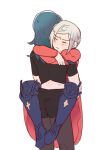  2girls back bangs black_legwear black_shirt black_shorts blue_footwear blue_hair blush byleth_(fire_emblem) byleth_(fire_emblem)_(female) closed_eyes closed_mouth commentary_request couple dress edelgard_von_hresvelg fire_emblem fire_emblem:_three_houses from_behind full_body holding_another hug long_hair long_sleeves multiple_girls pantyhose puffy_long_sleeves puffy_sleeves red_dress riromomo shirt short_shorts short_sleeves shorts sidelocks simple_background standing standing_leg_lock sweatdrop white_background white_hair yuri 