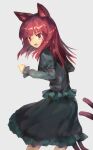  1girl :o alternate_hairstyle animal_ear_fluff animal_ears bangs blunt_bangs blush cat_ears cat_tail commentary_request dress eyebrows_visible_through_hair fang feet_out_of_frame from_side green_dress grey_background highres juliet_sleeves kaenbyou_rin koyu_(ctsa2278) long_hair long_sleeves looking_at_viewer looking_back multiple_tails nekomata open_mouth puffy_sleeves red_eyes red_hair simple_background solo standing tail touhou two_tails 