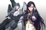  1girl armored_core bangs breasts glasses gloves gradient green_eyes grey_gloves gun hair_behind_ear hand_in_hair highres holding holding_gun holding_weapon inawata long_hair mecha medium_breasts parted_lips pilot_suit rossweisse_(armored_core) science_fiction shoulder_cannon valkyrie_(armored_core) very_long_hair weapon 