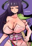  1girl bangs breasts character_name cleavage collarbone dress featherine_augustus_aurora flower gloves hair_ornament highres hime_cut horns japanese_clothes large_breasts long28 long_hair looking_to_the_side purple_background purple_eyes purple_hair simple_background smile solo umineko_no_naku_koro_ni 