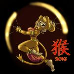 2016 anklet anthro bracelet breasts brown_eyes carelessdoodler chinese_text chinese_zodiac clothing ear_piercing ear_ring female hair hair_bun haplorhine jewelry looking_at_viewer looking_back mammal monkey open_mouth open_smile piercing primate simple_background smile solo tail_jewelry tail_ring text year_of_the_monkey 