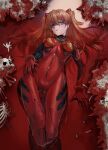  1girl blue_eyes brown_hair flower gold_can hair_between_eyes hand_on_own_chest highres interface_headset long_hair looking_at_viewer lying neon_genesis_evangelion on_back plugsuit ribs skeleton solo souryuu_asuka_langley spread_fingers thigh_gap twintails 