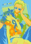  1boy 1girl adjusting_eyewear alternate_costume archer arm_up bangs belt blue_background closed_mouth collared_shirt commentary_request couple cropped_shirt english_text fate/stay_night fate_(series) floral_print forehead green_shirt hawaiian_shirt hetero highres lemon_print long_hair looking_at_viewer midriff navel one_eye_closed orange_print pants shimatori_(sanyyyy) shirt short_sleeves simple_background sitting smile sunglasses tohsaka_rin twintails 