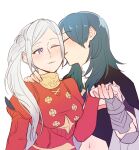  2girls bangs blue_hair blush breasts buttons byleth_(fire_emblem) byleth_(fire_emblem)_(female) cheek_kiss closed_eyes collar commentary_request dress edelgard_von_hresvelg eyebrows_visible_through_hair fingernails fire_emblem fire_emblem:_three_houses from_side hand_on_another&#039;s_shoulder holding_hands kiss long_hair long_sleeves looking_at_another midriff multiple_girls navel one_eye_closed parted_lips puffy_long_sleeves puffy_sleeves red_dress riromomo side_ponytail sidelocks silver_hair simple_background smile stomach upper_body vambraces white_background yuri 