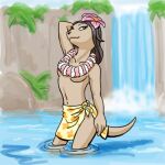  1:1 accessory anthro breasts brown_hair carelessdoodler clothing female flower flower_in_hair hair hair_accessory lei lei-lani looking_at_viewer low_res lutrine mammal mustelid navel partially_submerged plant solo tan_body under_boob waterfall 