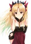  1girl absurdres asymmetrical_sleeves bangs between_breasts black_choker black_leotard black_sleeves blonde_hair bow breasts choker cleavage closed_mouth detached_sleeves diadem earrings ereshkigal_(fate) eyebrows_visible_through_hair fate/grand_order fate_(series) floating_hair gradient_hair hair_bow hand_in_hair highres holding jewelry k3rd leaning_forward leotard long_hair looking_at_viewer multicolored_hair red_bow red_eyes shiny shiny_hair simple_background single_sleeve small_breasts smile solo standing strapless strapless_leotard twintails very_long_hair white_background 