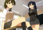  2girls amagami animal_ears arms_behind_back black_jacket black_legwear black_sailor_collar blazer blue_eyes blue_hair brown_eyes brown_hair ceiling_light chalkboard classroom commentary_request cosplay cow_ears cow_horns cow_tail desk dress_shirt dutch_angle grey_skirt highres hiryuu_(kancolle) horns indoors jacket kantai_collection kibito_high_school_uniform kneehighs long_hair looking_at_viewer masukuza_j multiple_girls pleated_skirt sailor_collar school_desk school_uniform serafuku shirt short_hair skirt souryuu_(kancolle) sweater_vest tail twintails 