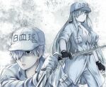  1boy 1girl bangs baseball_cap black_gloves blue_eyes breasts character_name cleavage closed_mouth clothes_writing collarbone collared_jacket colored_skin commentary english_commentary fingerless_gloves gloves grey_gloves grey_hair grey_headwear grey_jacket grey_pants grey_skin hair_over_one_eye hat hataraku_saibou hataraku_saibou_black highres hikari_niji holding holding_knife holding_sword holding_weapon jacket katana knife large_breasts long_hair long_sleeves open_mouth pants shaded_face standing sword u-1146 u-1196 very_long_hair weapon white_blood_cell_(hataraku_saibou) 