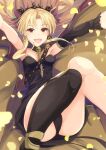  1girl :d armpits asymmetrical_legwear asymmetrical_sleeves bangs black_legwear black_panties black_sleeves blonde_hair bow breasts cleavage detached_sleeves diadem ereshkigal_(fate) eyebrows_visible_through_hair fate/grand_order fate_(series) floating_hair hair_between_eyes hair_bow hair_intakes highres k3rd long_hair long_sleeves open_mouth outstretched_arms panties red_bow red_eyes shiny shiny_hair single_thighhigh small_breasts smile solo strapless thighhighs underwear 