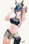  1girl absurdres arknights armpits arms_up artist_name bangs baseball_cap belt belt_pouch bikini black_bikini blush breasts ch&#039;en_(arknights) cowboy_shot female_tourist_c_(arknights) grey_shorts hair_between_eyes hat highres horns horns_through_headwear hoshino_yuu_sama looking_at_viewer medium_breasts navel open_clothes open_fly open_shorts parted_lips pink_eyes pouch purple_hair short_hair_with_long_locks short_shorts shorts sidelocks simple_background solo stomach swimsuit watch white_background white_headwear wristwatch 
