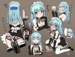  1boy 1girl alice_gear_aegis apron aqua_eyes black_gloves black_panties blue_hair blush bottle breasts cake choker commentary_request doyouwantto eating elbow_gloves food gloves headdress ice looking_at_viewer maid maid_apron ochanomizu_mirie open_mouth panties ribbon signature simple_background small_breasts spill translation_request underwear waitress water 