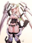  1girl bare_shoulders blonde_hair blur braid breasts busou_shinki cleavage commentary_request covered_navel doyouwantto edelweiss_(megami_device) gun hat highres holding holding_gun holding_weapon large_breasts looking_at_viewer mecha_musume megami_device plump pointy_ears shorts signature solo sword weapon wings yellow_eyes 