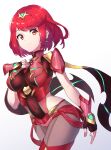  1girl absurdres bangs black_gloves chest_jewel earrings fingerless_gloves gem gloves grimmelsdathird headpiece highres jewelry looking_at_viewer pantyhose pyra_(xenoblade) red_eyes red_hair red_legwear red_shorts short_hair short_shorts shorts smile solo super_smash_bros. swept_bangs thighhighs tiara xenoblade_chronicles_(series) xenoblade_chronicles_2 