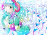  1girl aqua_hair bangs bent_over blunt_bangs cape cape_lift clothes_lift colored_eyelashes colorful commentary curly_hair expressionless eyebrows_visible_through_hair eyelashes futaba_sana gloves green_eyes green_hair hand_on_own_face hand_to_own_mouth hand_up highres horns iridescent light_particles looking_at_viewer magia_record:_mahou_shoujo_madoka_magica_gaiden mahou_shoujo_madoka_magica medium_hair multicolored multicolored_eyes multicolored_hair parted_lips riri_(ririwaldorf) solo sweater tareme turtleneck turtleneck_sweater uwasa_no_sana veil waist_cape white_cape yellow_eyes 