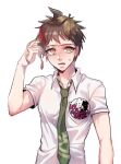  1boy ahoge banana_peel bangs blush brown_hair character_print collarbone collared_shirt commentary_request danganronpa_(series) danganronpa_2:_goodbye_despair green_neckwear gwanlamcha hand_up highres hinata_hajime looking_at_viewer male_focus monokuma necktie open_mouth red_ribbon ribbon school_uniform shiny shiny_hair shirt short_hair short_sleeves simple_background solo sweatdrop upper_body white_background white_shirt yellow_eyes 