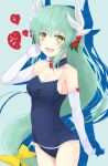  1girl :d aqua_hair bangs blue_background blue_choker blue_swimsuit blush bow breasts choker cleavage collarbone cowboy_shot elbow_gloves eyebrows_visible_through_hair fate/grand_order fate_(series) floating_hair flower gloves green_eyes hair_between_eyes hair_bow hair_flower hair_ornament heart hibiscus highres k3rd kiyohime_(fate) kiyohime_(swimsuit_lancer)_(fate) long_hair low-tied_long_hair medium_breasts old_school_swimsuit open_mouth red_bow red_flower school_swimsuit shadow shiny shiny_hair sideboob smile solo spaghetti_strap standing swimsuit very_long_hair white_gloves yellow_bow 