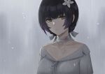  1girl bandaged_neck bare_shoulders black_hair blood breasts brown_eyes closed_mouth eyebrows_visible_through_hair flower girls_frontline hair_flower hair_ornament looking_at_viewer machlian_(girls_frontline) paradeus rain selcky shirt short_hair solo water_drop white_shirt 