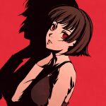  1girl bangs black_dress bob_cut brown_hair dress head_tilt lips looking_at_viewer looking_to_the_side makeup moshimoshibe niijima_makoto persona persona_5 persona_5_the_royal pinafore_dress red_background red_eyes scratching_neck shadow shirt short_hair simple_background solo texture upper_body white_shirt 