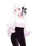  1girl :o black_pants bow bra_strap breasts contrapposto cowboy_shot guo582 hair_bow hair_ears halterneck hand_on_hip high-waist_pants highres long_hair long_sleeves looking_at_viewer original pants parted_lips ponytail purple_eyes shirt shirt_tucked_in simple_background small_breasts solo spaghetti_strap standing white_background white_hair white_shirt wide_sleeves 