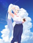  1girl ;d arm_up armpits belt belt_buckle black_belt blue_eyes blue_skirt blue_sky buckle copyright_name cumulonimbus_cloud drinking_straw eyebrows_visible_through_hair holding long_hair long_skirt maguro_(guromaguro) one_eye_closed open_mouth print_shirt rwby shiny shiny_hair shirt short_sleeves silver_hair skirt sky smile solo standing very_long_hair weiss_schnee white_shirt 