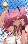  1girl :d absurdres armpits arms_up ayu_(ayuyu0924) azur_lane ball bangs bare_shoulders blue_sky blush breast_grab breasts bremerton_(azur_lane) bremerton_(scorching-hot_training)_(azur_lane) chain-link_fence chinese_commentary cleavage cloud collarbone collared_shirt commentary_request crop_top dated day eyebrows_visible_through_hair fence grabbing grey_hair hair_between_eyes hair_intakes hair_ornament hairclip heart heart-shaped_pupils heart_necklace highres holding holding_ball large_breasts long_hair looking_at_viewer multicolored_hair no_bra no_mole open_mouth pink_eyes pink_hair shirt sidelocks signature sky sleeveless sleeveless_shirt smile solo solo_focus sportswear standing streaked_hair sweat symbol-shaped_pupils tennis_ball tennis_uniform trembling twintails two-tone_hair two-tone_shirt upper_body wet wet_clothes wet_shirt white_shirt wristband x_hair_ornament 