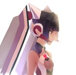  1girl absurdres bangs black_hair blunt_bangs breasts brown_eyes closed_mouth eyebrows_visible_through_hair highres nyanmaru senki_zesshou_symphogear shiny shiny_hair short_hair simple_background sleeveless small_breasts solo tsukuyomi_shirabe upper_body white_background 