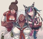  3girls :d arms_up asahina_aoi bandages bangs black_hair black_nails black_skirt blue_eyes blue_hair blue_legwear breast_pocket breasts brown_hair cleavage closed_eyes collarbone commentary_request danganronpa:_trigger_happy_havoc danganronpa_(series) danganronpa_2:_goodbye_despair ear_piercing facing_viewer grin hair_horns hair_ornament hairclip hand_up holding_another hosodayo jacket jewelry long_hair looking_at_another looking_at_viewer mioda_ibuki mismatched_legwear multicolored_hair multiple_girls muscular muscular_female nail_polish neckerchief necklace on_shoulder oogami_sakura open_mouth piercing pink_hair pocket red_jacket scar scar_on_face school_uniform serafuku shirt skirt smile stitches tattoo thighhighs torn_clothes torn_legwear upper_teeth white_hair white_shirt 