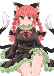  1girl :/ animal_ear_fluff animal_ears arm_support bangs black_bow black_dress blush bow braid breasts cat_ears cat_tail chups closed_mouth dress extra_ears eyebrows_visible_through_hair feet_out_of_frame frills hair_bow hair_ribbon hand_on_own_knee highres kaenbyou_rin large_breasts long_hair looking_at_viewer multiple_tails nail_polish nekomata nose_blush petticoat red_eyes red_hair red_nails red_neckwear red_ribbon ribbon simple_background sitting sleeves_past_fingers sleeves_past_wrists solo tail touhou tress_ribbon twin_braids twintails two_tails white_background 