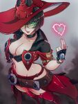  1girl belt black_hair boots breasts choker cleavage fingerless_gloves gloves guilty_gear guilty_gear_strive hat heart highres i-no jacket large_breasts lipstick looking_at_viewer makeup midriff red_headwear red_jacket red_legwear red_lips sheeeep0617 short_hair sunglasses thigh_boots thighhighs venus_symbol witch_hat 